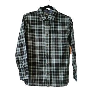 NWT Bixby Boys Youth Large 12-14 Green Black Plaid Button Down Pocket